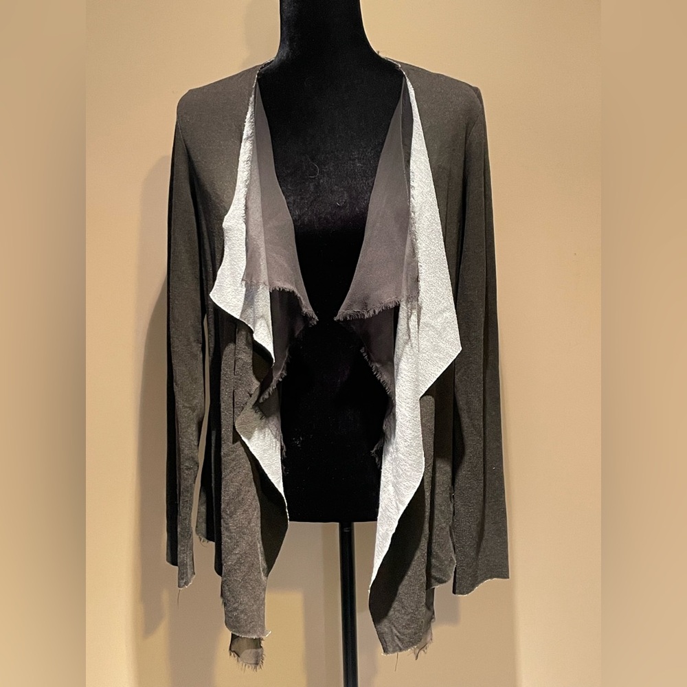 Bailey44 Anthropology olive cardigan w/sheer silk raw edge peak a boo insert (M)